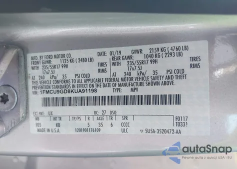 2019 Ford Escape Se из США, поврежденный, VIN 1FMCU9GD8KUA91198